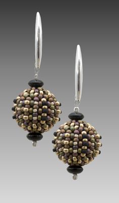 bronze, cream & black Orb Earrings, Glass Bead Earrings, Beaded Beads, Artful Home, Bead Earrings, Jewelry Projects, Black Glass, Black Beads, Glass Bead