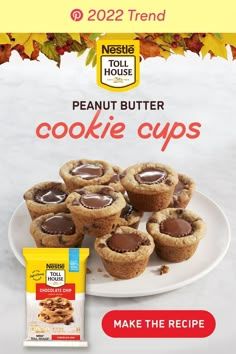 peanut butter cookie cups on a white plate with fall leaves in the background and an advertisement for nestle