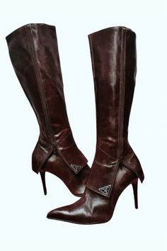 @sidebysidestore Boots Prada, Prada Boots, Prada Heels, Leather High Heel Boots, Vintage Prada, Zipper Heels, Pointed Heels