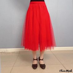 Olivia Mark - High-Waisted Midi-Skirt with Mesh Netting and Full Flared Hem suitable for Formal Social Dancing Red Flared Skirt For Summer, Summer Red Tulle Skirt, Casual Red Full Skirt Bottoms, Red High Waist Lined Maxi Skirt, Red Non-stretch Mini Skirt, Red Pleated Maxi Skirt For Summer, High Waist Red Maxi Skirt With Lining, High Waist Red Lined Maxi Skirt, Red Long Skirt For Summer