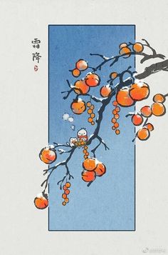 an orange tree with fruit hanging from it's branches in front of a blue sky