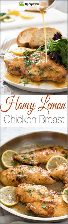 honey lemon chicken breast is being drizzled with sauce