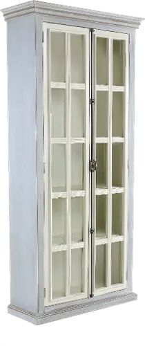 a white cabinet with glass doors and shelves