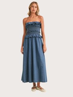 Stay cool and stylish in our Ruffled Strapless Denim Midi Dress with Pockets. The flattering ruffled design and convenient pockets make this dress a must-have for any fashion-forward woman. Perfect for all occasions, this dress will be the star of your wardrobe! Midi Dress With Pockets, Denim Midi Dress, Sweatshirt Set, Dress With Pockets, Stay Cool, Sale Event, The Star, Outerwear Jackets, Jacket Dress