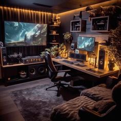 a living room filled with furniture and a flat screen tv sitting on top of a wall