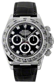 116519 ROLEX DAYTONA COSMOGRAPH MEN'S LUXURY WATCH - With Manufacturer Serial Numbers - Swiss Made - Black Dial set with Diamonds - Chronograph Feature - Self-winding Automatic Chronometer Movement - 6 Year Warranty - Guaranteed Authentic - Certificate of Authenticity - Polished with Brushed 18k White Gold Case - Black Leather Strap with Pattern - Scratch Resistant Sapphire Crystal - Manufacturer Box & Manual - 100 Meters / 330 Feet Waterproof - 40mm = 1 1/2" Case, 7" Adjustable Strap - Solid 18k White Gold Deployment Buckle - Screw Down Crown & Caseback     Also Known As Model # 116519 BLKD Rolex Daytona Black, Rolex Daytona White, Rolex Pearlmaster, Rolex Presidential, Rolex Lady Datejust, Rolex Milgauss, Air King, Rolex Sea Dweller, Rolex Cellini