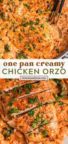 one pan creamy chicken orzo with parmesan cheese and fresh herbs in it