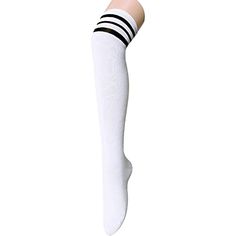 KNEE HIGH STRIPED SOCKSKnee high socks for women. Pull on our stripe athletic knee high socks for some instant team spirit! These athletic knee socks feature allover white with three black stripes at the top. These over the knee socks go great with all kinds of vintage sports looks, and provide that perfect finishing touch to a wSIZE & PACKINGThigh high socks for women. These thigh highs fit US shoe size 5-9. The length from the sock top to the heel is about 47cm, and the toe to the heel is High Thigh Socks, 80s Socks, White Thigh High Socks, Thigh High Tube Socks, Socks Stripes, White Thigh Highs, Striped Knee High Socks, Socks Knee High, Thigh Socks