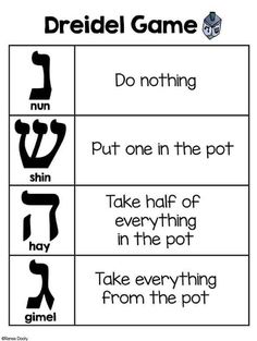 the dreidel game is shown in black and white, with an image of two letters