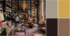 a living room filled with lots of furniture and bookshelves covered in bookcases