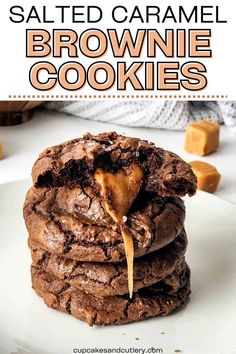 chocolate salted caramel brownie cookies stacked on top of each other with text overlay