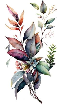 a watercolor painting of leaves and branches