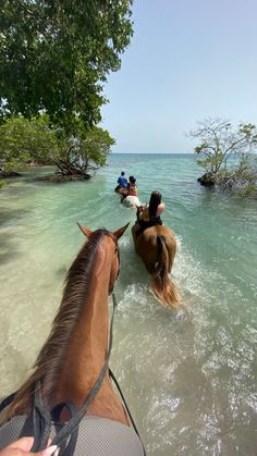 two people riding horses in shallow water near shore