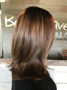 Brown One Length Hair, Mid Length Highlighted Hair Brunettes, Hair Styles With Widows Peak Women, Short Brown Highlighted Hair, Waterfall Layers Haircut Short, Medium Brown Hair Highlights, Heavy Highlights On Brown Hair, Medium Length Brown Hair With Layers, Nail Colour For Brown Skin