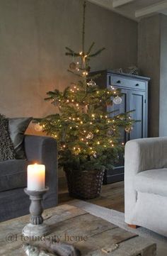 a living room filled with furniture and a lit christmas tree in the middle of it