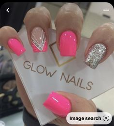 Pretty Graduation Nails, Pink Out Nail Ideas, Pink Nails With Design Short, Hot Pink Formal Nails, Pretty Summer Nails, Nail Ideas Gel, Summer Pink Nails, Glitter Nail Ideas, Summer Nails Colors Designs