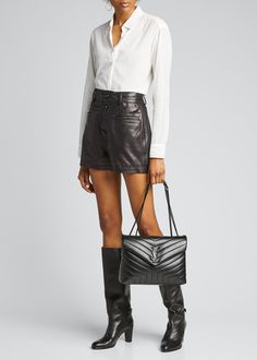 Saint Laurent Loulou Medium YSL Matelasse Calfskin Flap-Top Shoulder Bag, Matte Black Hardware - Bergdorf Goodman Ysl Loulou Bag Outfit, Ysl Loulou Bag, Ysl Outfit, Black Bag Outfit, Ysl Shoulder Bag, Backpack Outfit, White Backpack, Matte Black Hardware, Black Hardware