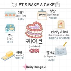 a poster with different types of cakes and words in korean language on it's side