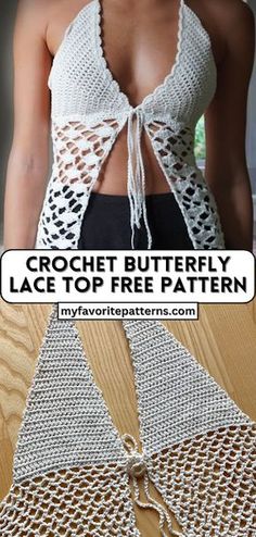 crochet butterfly lace top free pattern is shown with the instructions to make it