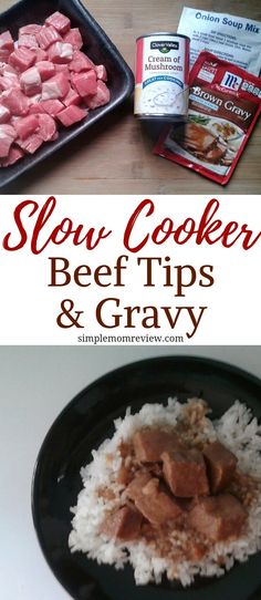 beef, rice and gravy on a black plate with the words slow cooker beef tips and gravy