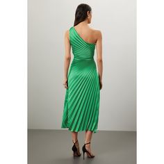 Green pleated (85% Nylon, 15% Metallic). Cocktail dress. Sleeveless. One shoulder. Pull-on closure. 58" from shoulder to hemline. Made in the USA of imported fabric. Spring Sleeveless A-line Dress With Pleated Back, Stretch One Shoulder Midi Dress For Summer, Summer Stretch One Shoulder Midi Dress, Sleeveless Pleated Dress For Cocktail With Pleated Bodice, Sleeveless Pleated Dress With Pleated Bodice For Cocktail, Summer Accordion Pleats Dress For Date Night, Pleated Stretch Midi Dress For Date Night, Spring Party Sleeveless Dress With Asymmetrical Neckline, Sleeveless Dress With Asymmetrical Neckline For Spring Party