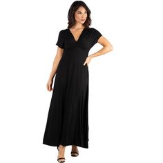 A formal look has never been so comfortable. With its regal full-length skirt this womens maxi dress makes for an elegant formal or casual look. Featuring a v-neck line and v cut on the back, cap sleeves, flared a line skirt, defined empire waist, and is made from a soft and comfortable stretch material in four beautiful year round colors and it is machine washable for easy care. The perfect dress to keep in your closet for any special occasions or just an eye-catching date night look. Made in t Solid Flowy Maxi Dress, Flowy Solid Color Floor-length Maxi Dress, Solid Color Flowy Floor-length Maxi Dress, Elegant Flowy Floor-length Maxi Dress, Spring Elegant Full-length Maxi Dress, Flowy Maxi Dress For Formal Occasions, Flowy A-line Maxi Dress Formal, Formal Flowy A-line Maxi Dress, Flowy Maxi Length Dressy Dress