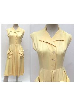 "1950s delightfull yellow heavy cotton Sun DRESS  estimated size : eu 38- uk 10 - us 6 2 large pockets on the front  metal zip on the side  buttonned on the front  full skirt  with large pleats all around  no lining  M E A S U R E M E N T S  waist : 66 cm :/26\" armpits : 43 cm //17\" shoulder : 39cm //15.3\" height :106cm //41.7\" very good vintage condition , no damage , no smell" 1950s Style Yellow Vintage Dress For Spring, 1950s Style Vintage Yellow Dress For Spring, Yellow Vintage Dress 1950s Style For Spring, Yellow Vintage Dress, 1950s Style For Spring, Yellow Cotton Retro Vintage Dress, Yellow Fitted Dress In 1950s Style, 1950s Style Yellow Dress For Vintage Fashion, Fitted Yellow Dress In 1950s Style, Yellow 1950s Style Dress For Vintage Fashion