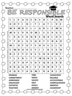 Be Responsible word search puzzle will make students find their characteristics and support to polish their individual and social identity. Fill In Puzzles, Social Identity, Substitute Binder, Word Search Puzzles Printables, Being Responsible, Word Search Printables, Be Responsible, Sense Of Purpose, Printable Puzzles