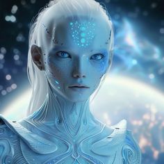 a woman with white hair and blue eyes is in front of a space - like background