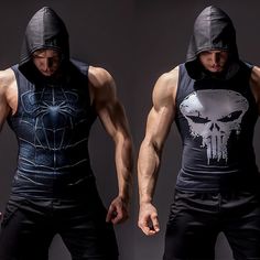 two images of a man wearing a hoodie and tank top with the image of a skull on it