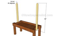 a wooden bench with two candles on it and measurements for the seat height, from top to bottom