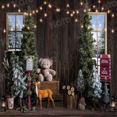 a teddy bear sitting on top of a bench next to christmas trees and other decorations