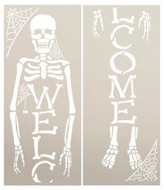 two skeleton stencils with the words welcome home written in white on a light gray background