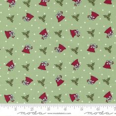 a green background with red and white christmas bells on it's side, surrounded by small polka dots