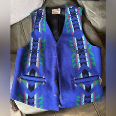 Vintage Original Pendleton Vest. Great Quality Like New. Classic Blue Winter Vest, Western Style Blue Winter Outerwear, Blue Fitted Vest For Fall, Blue Wool Vest For Winter, Vintage Blue Vest For Fall, Fitted Blue Western Outerwear, Pendleton Vest, Pendleton Jacket, Vintage Vest