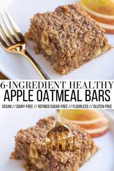 an image of apple oatmeal bars on a white plate with gold fork