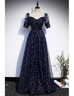 Blue Starry Dress, Night Sky Dress, Heart Neckline Dress, Starry Dress, Bridgerton Dresses, Short Sleeve Prom Dresses, Starry Night Dress, Sweet Heart Neckline, Stars Dress