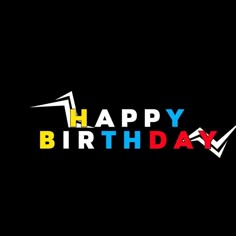 the word happy birthday written in multicolored letters on a black background with an arrow