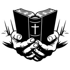 two hands holding an open book with a cross on it