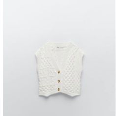 Brand New Medium Chic White Pointelle Knit Cardigan, Chic Open Knit Sweater Vest For Fall, Zara Casual Cable Knit Outerwear, Casual Cable Knit Outerwear By Zara, Casual Zara Cable Knit Outerwear, White Knitted Outerwear For Cold Weather, White Knitted Outerwear For Layering, Casual White Open Knit Sweater Vest, Spring Textured Knit White Outerwear