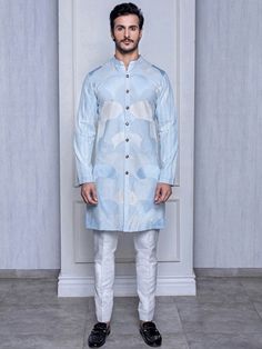 Arjun Kilachand-Frozen Blue Tussar Silk Kurta-INDIASPOPUP.COM Tussar Silk Kurta, Formals For Men, Frozen Blue, Kurta For Men, Light Blue Fabric, Silk Kurta, Misty Rose, Embroidered Collars, Straight Kurta