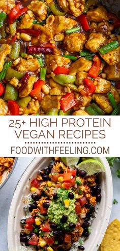 chicken and vegetable dish with text overlay that reads 25 high protein vegan recipes