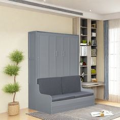 a living room with a couch, bookcase and potted plant on the floor