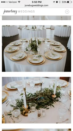 the table is set with white and gold plates, silverware and greenery on it