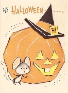 a halloween postcard with a mouse in a pumpkin