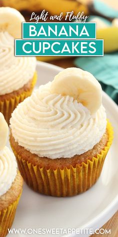 three banana cupcakes on a plate with the title text overlay reads light and fluffy banana cupcakes