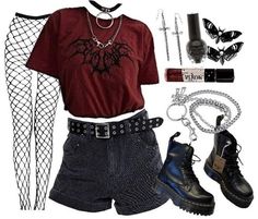 Mcr Aesthetic Outfits, Emo Outfit With Shorts, Emo Music Festival Outfits, Yallternative Aesthetic Outfits Summer, Dark Punk Outfits, 90s Goth Outfits Grunge, Cutesy Goth Outfits, My Chemical Romance Aesthetic Outfits, Delinquent Aesthetic Outfit