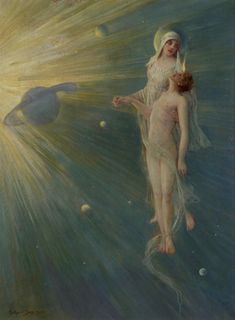 an image of two people in the water with sunbeams above them and planets below