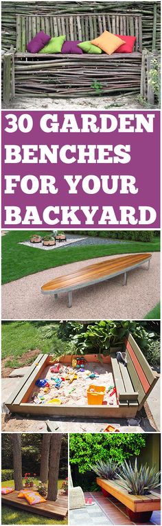 an outdoor bench made out of wooden boards and some plants in it with text overlay that reads, 30 garden benches for your backyard