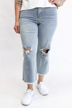 These jeans are crafted with a high-quality denim that have a snug stretch, providing both comfort and flattering support. With slimming tummy control panels that smooth the lower belly area, this cropped style offers a perfect fit! Get ready to look and feel amazing in these must-have jeans! Material: 94% Cotton, 2% Spandex, 4% Other Fiber RISE: Size 0-15: 10in | Size 16W-24W: 11in CROP INSEAM: 24in REGULAR INSEAM: 32 in Model Stats: Ashley: Wearing size 5 in Light Distressed Wash | Height: 5'5 Control Panels, Lower Belly, Jeans Material, Cropped Style, Be True To Yourself, Wide Leg Jeans, Leg Jeans, To Look, That Look